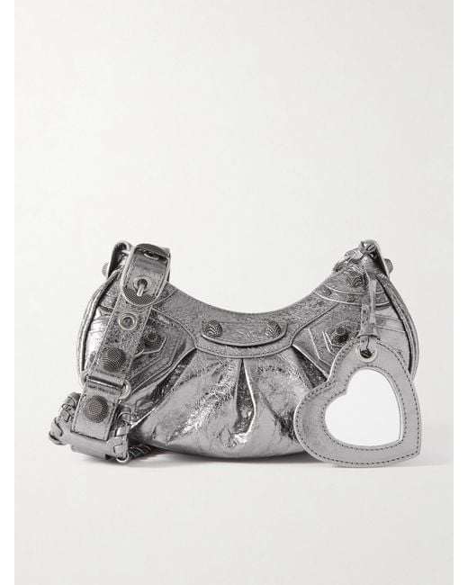 Balenciaga Le Cagole Xs Studded Metallic Crinkled-Leather Shoulder Bag