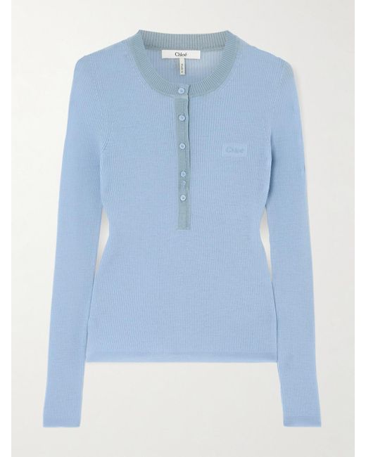 Chloé Blue Silk-Trimmed Ribbed Wool Sweater