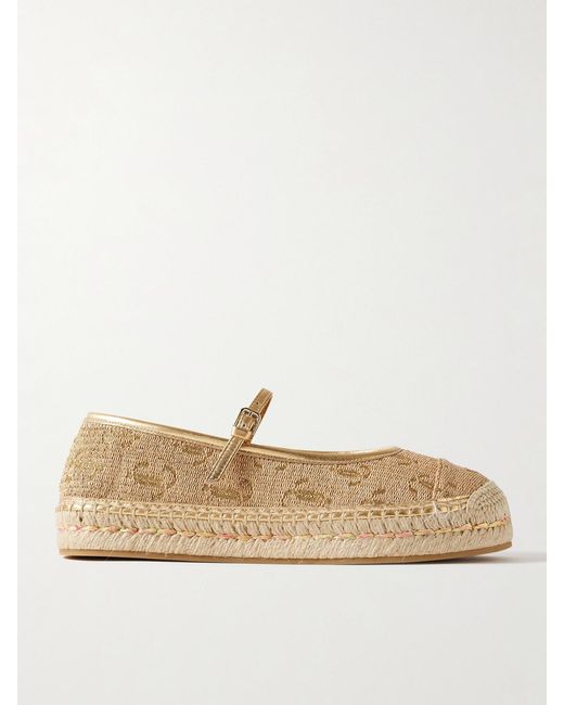 Jimmy Choo Natural 20 Metallic Leather-Trimmed Logo-Embroidered Straw Platform Espadrilles