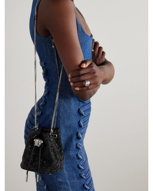 Versace Black Beuteltasche Aus Satin Mit Kristallen Und Faux Fur