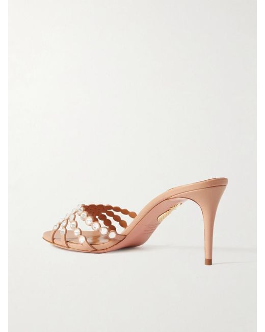 Aquazzura Natural Tequila 75 Crystal-Embellished Leather Mules