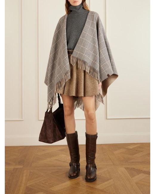 Brunello Cucinelli Gray Fringed Prince-Of-Wales Checked Cashmere Wrap