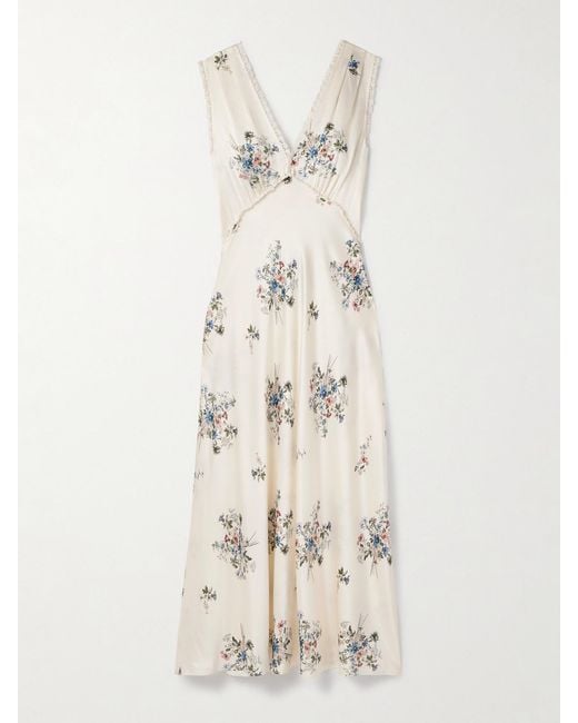 Doen Natural Tahlia Lace-Trimmed Floral-Print Silk-Charmeuse Midi Dress