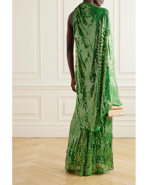 Johanna Ortiz Green Net Sustain Poder Tejido Convertible Embellished Silk Crepe De Chine Maxi Dress