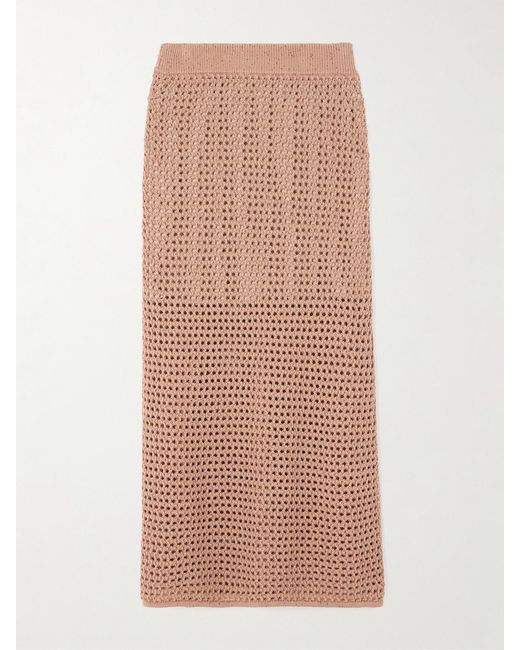 Brunello Cucinelli Natural Sequin-Emhellished Open-Knit Cotton-Blend Midi Skirt