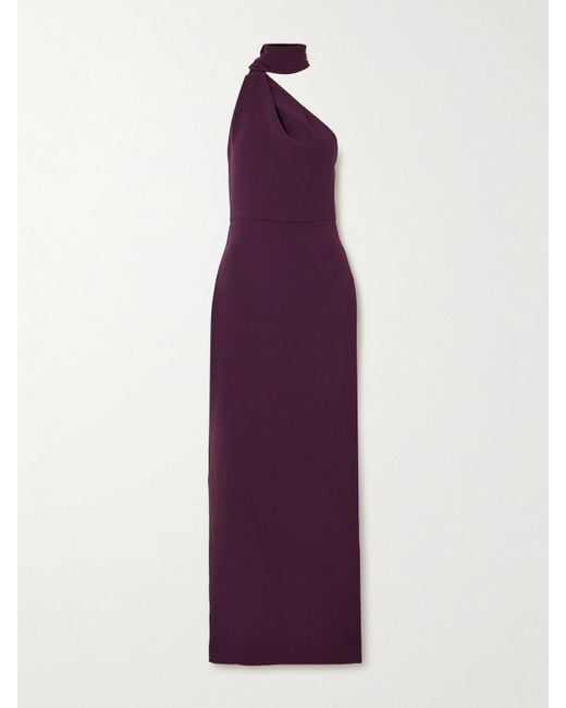 Solace London Purple Demi One-Shoulder Scarf-Detailed Crepe Gown