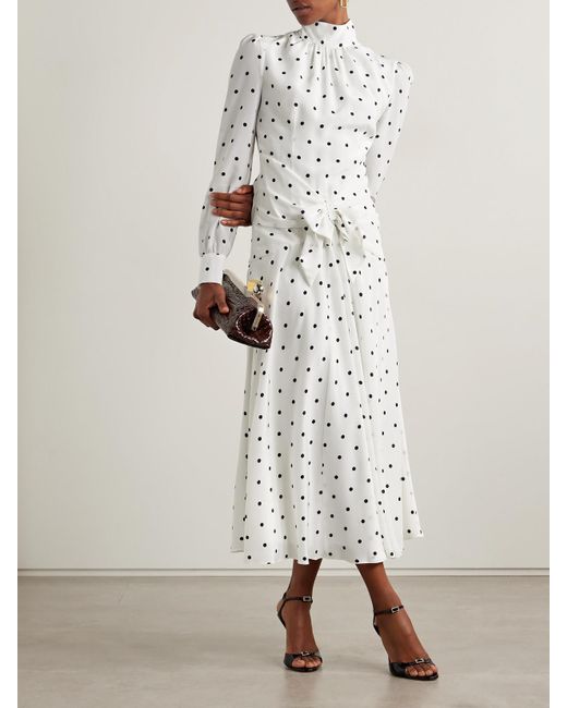 Alessandra Rich White Midikleid Aus Seiden-Georgette Mit Polka-Dots, Schleife Und Raffungen