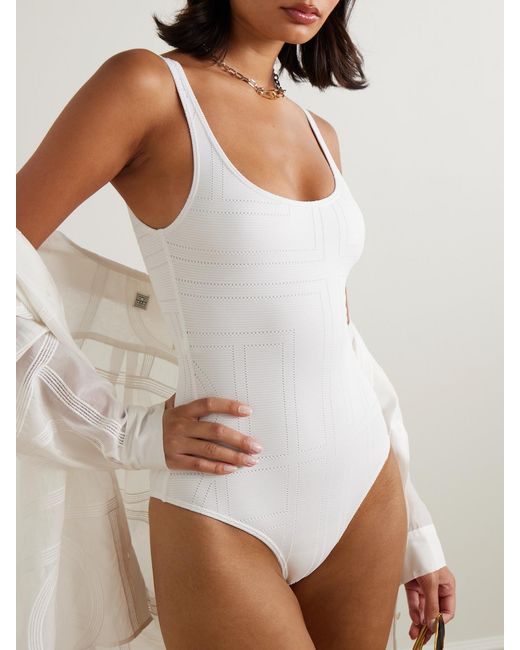 Totême White Ribbed Pointelle-Knit Recycled Swimsuit