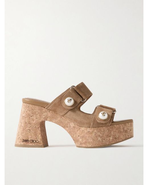 Jimmy Choo Natural Fayence 95 Faux Pearl-Embellished Suede Platform Mules