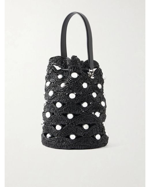 Rabanne White Embellished Leather-Trimmed Raffia Crossbody Bag