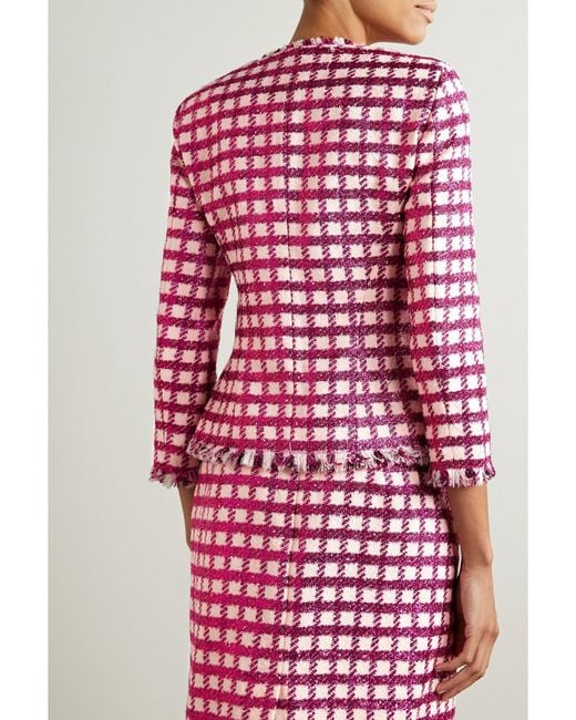 Oscar de la Renta Red Frayed Checked Metallic Wool-Blend Tweed Jacket