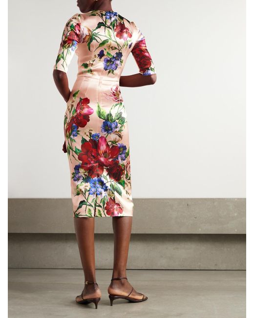 Dolce & Gabbana Pink Floral-Print Satin Midi Dress