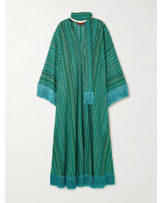 Missoni Frayed Sequined Striped Metallic Crochet-Knit Maxi Dress in Green |  Lyst