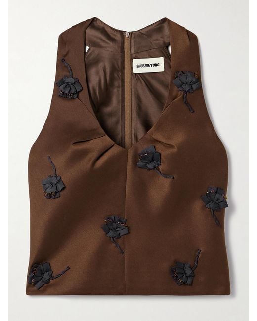 ShuShu/Tong Brown Appliquéd Embellished Satin Tank