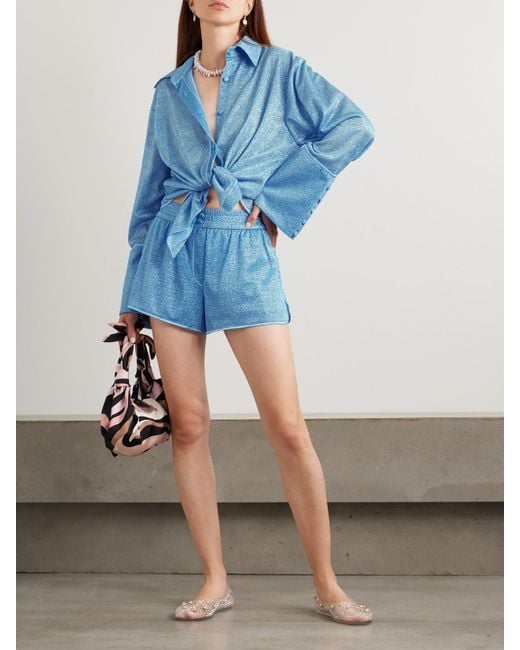Oseree Blue Lumière Shorts Aus Metallic-Stretch-Strick