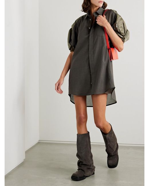 Sacai Black Asymmetric Shell-Trimmed Checked Cotton-Voile Mini Shirt Dress