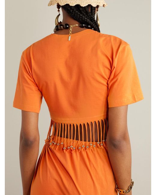 Rabanne Orange Cropped Fringed Embellished Cotton-Jersey Top