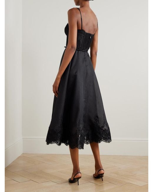 Zimmermann Black Hypnotic Picnic Midikleid Aus Einer Leinen-Seidenmischung Mit Spitzenbesätzen Und Gürtel