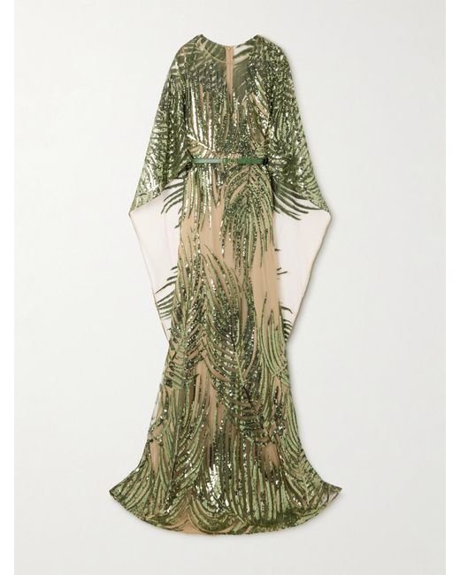 Elie Saab Green Sequined Tulle Gown