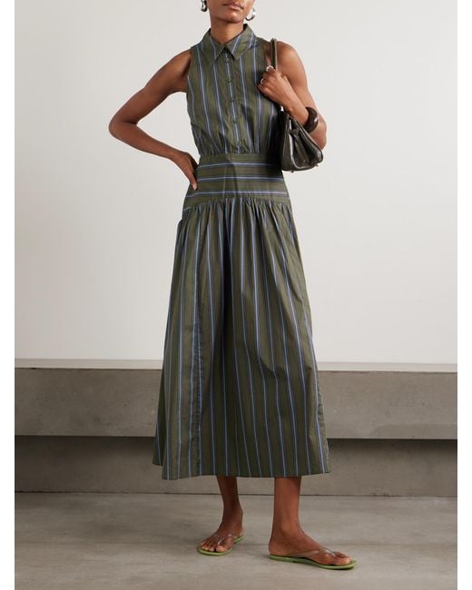 Staud Green Romy Striped Pleated Cotton-Blend Shirt Dress