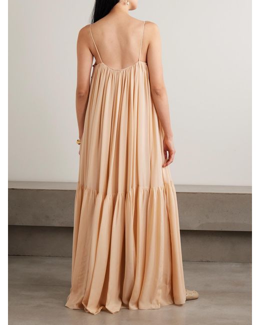 Chloé Natural Ruched Tiered Silk Maxi Dress