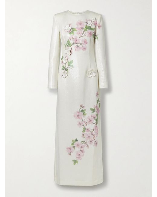 Oscar de la Renta White Robe Aus Crêpe Mit Pailletten, Applikationen Und Zierperlen