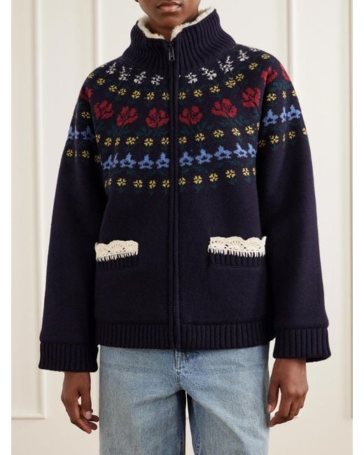 Sea Blue Preston Crochet-Trimmed Merino Wool-Blend Jacket