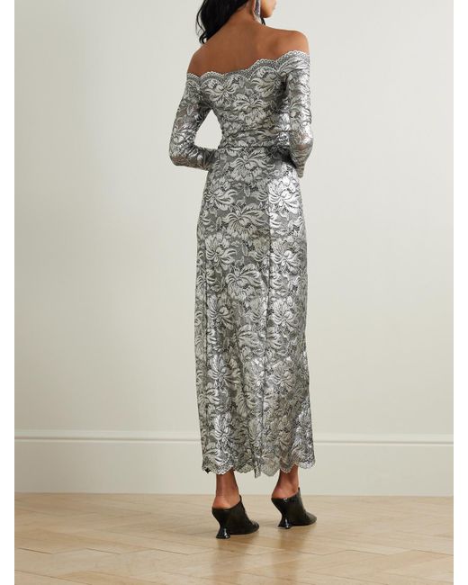 Rabanne Asymmetrisches, Schulterfreies Midikleid Aus Metallic-Stretch-Spitze