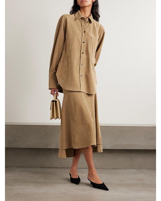 Victoria Beckham Natural Paneled Suede Midi Skirt