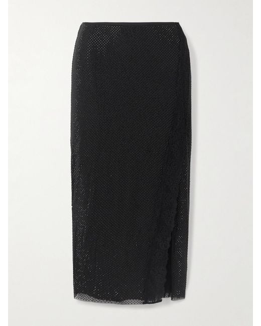 Self-Portrait Black Crystal-Embellished Lace-Trimmed Mesh Midi Skirt
