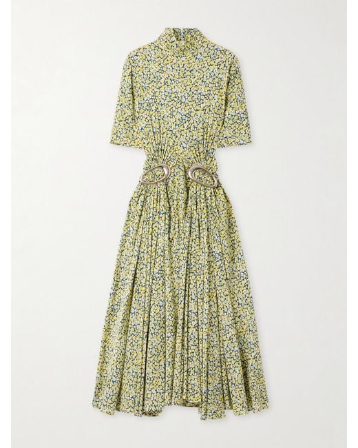 Bottega Veneta Green Embellished Gathered Pleated Floral-Print Crepe Turtleneck Midi Dress