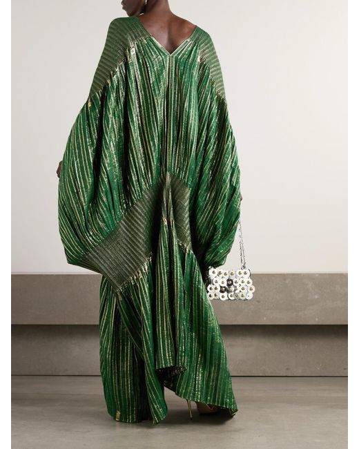 ‎Dima Ayad Green Kaftan Aus Gestreiftem Metallic-Voile Und Stretch-Strick