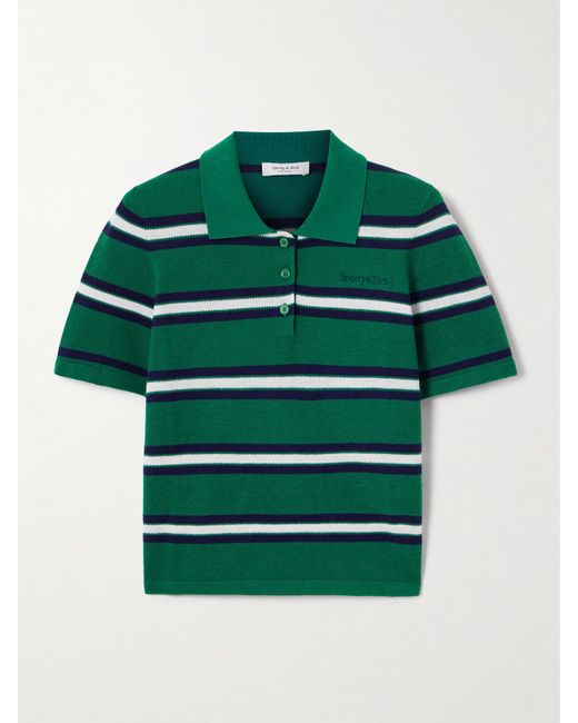 Sporty & Rich Green Striped Silk And Cotton-Piqué Polo Shirt
