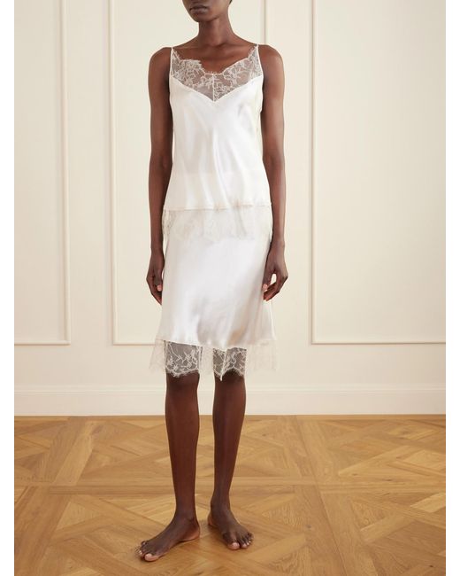 Carine Gilson White Lace-Trimmed Silk-Satin Midi Skirt