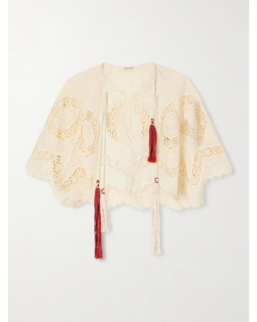 Johanna Ortiz Natural Sun Tides Tasseled Broderie Anglaise Cotton-Blend Top