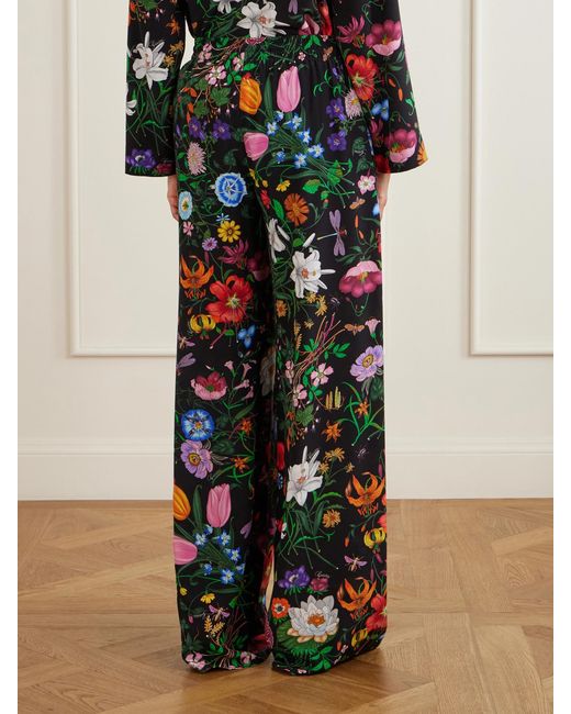 Gucci White Flora Printed Silk-Twill Wide-Leg Pants