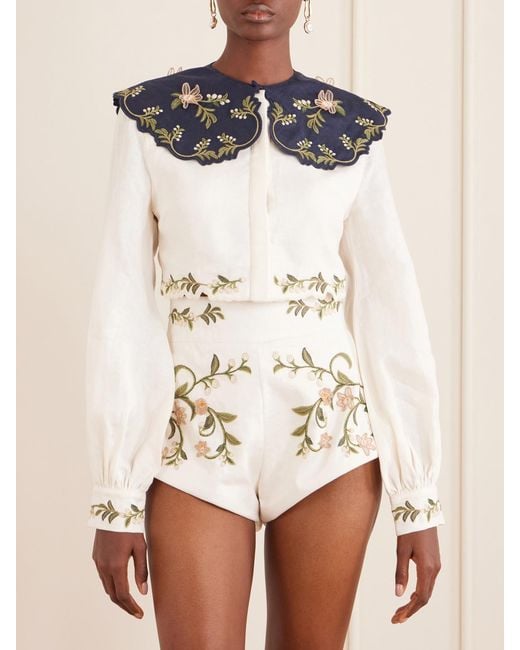 Agua Bendita Blue Cumbre Floral-Embroidered Appliquéd Tiered Linen Shirt