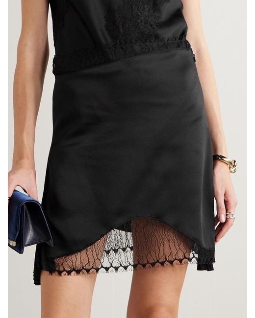 Victoria Beckham Black Pleated Lace And Chiffon-Trimmed Satin-Crepe Mini Skirt