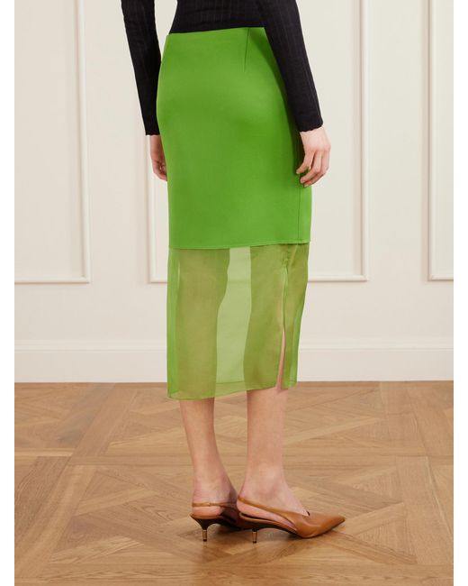 Khaite Green Sybil Layered Frayed Satin-Crepe And Organza Midi Skirt