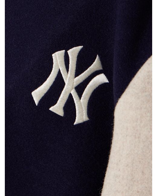 Sporty & Rich Blue '47 And New York Yankees Leather-Trimmed Embroidered Wool-Felt Bomber Jacket