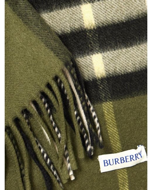 Burberry Green Fringed Checked Cashmere Scarf