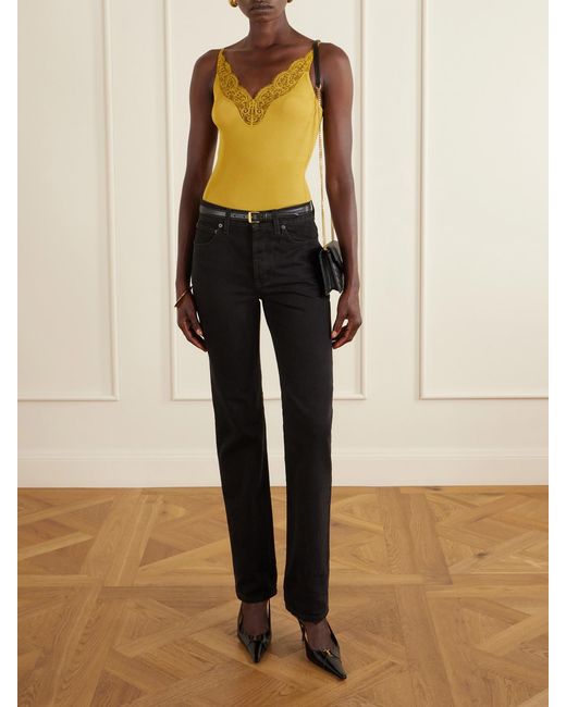 Saint Laurent Yellow Lace-Trimmed Ribbed Silk-Jersey Tank