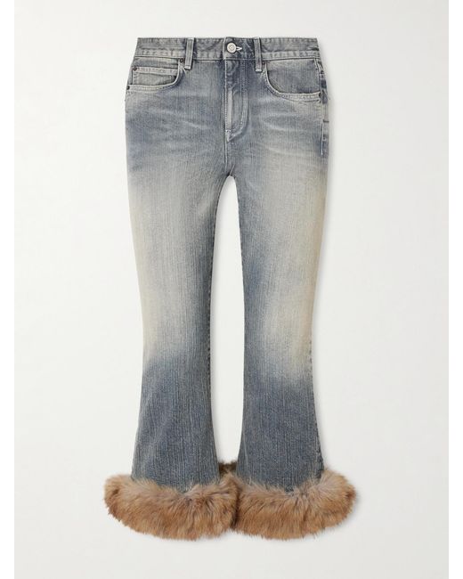 Balenciaga Blue Cropped Plush-Trimmed Low-Rise Flared Jeans