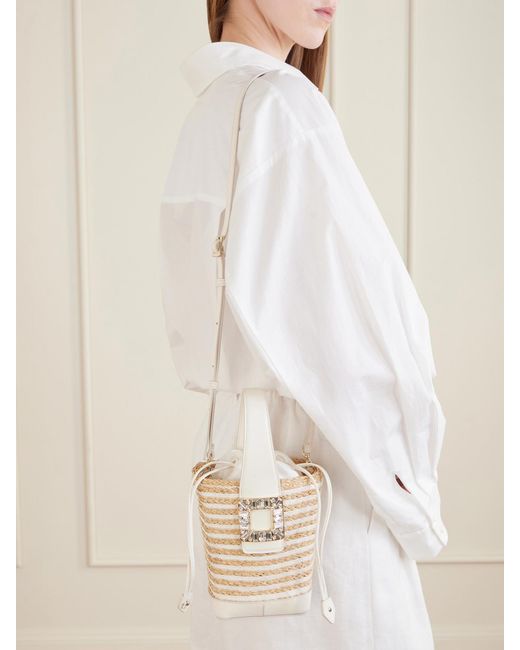 Roger Vivier Natural Viv' Skate Embellished Leather-Trimmed Striped Woven Raffia Clutch