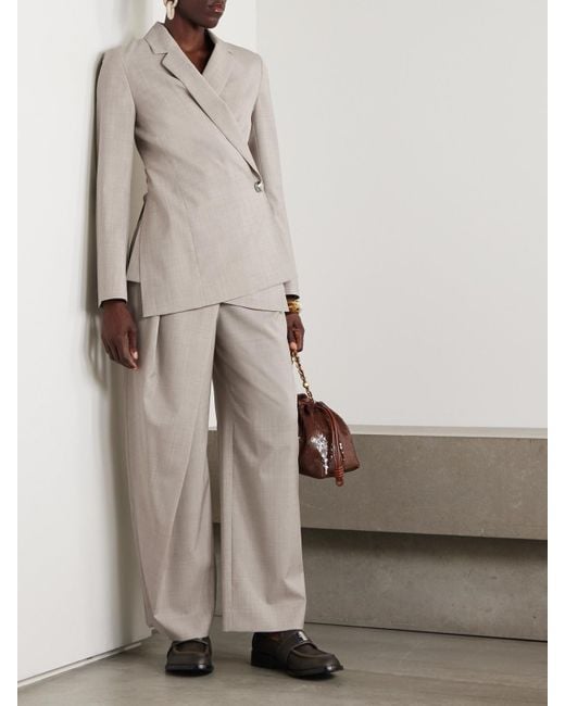 Loewe Natural Asymmetric Pleated Wool Wide-Leg Pants