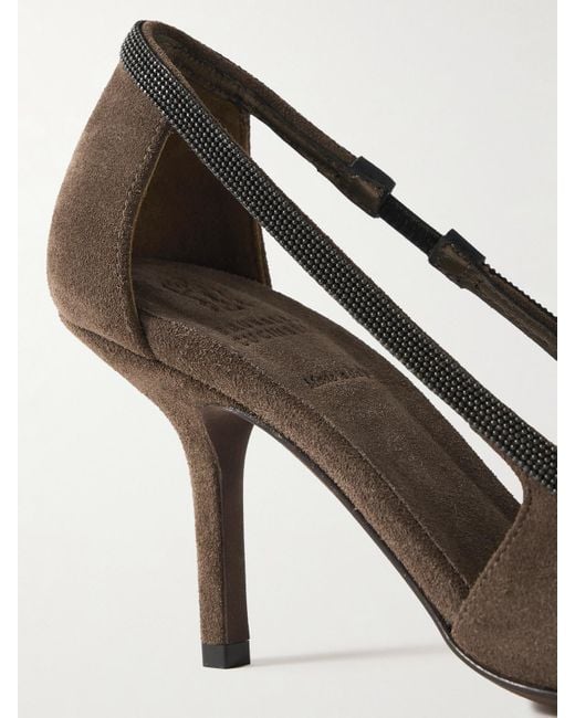 Brunello Cucinelli White Pumps Aus Veloursleder Mit Cut-Outs Und Zierperlen