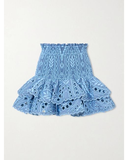 Charo Ruiz Blue Nerissa Tiered Shirred Broderie Anglaise Cotton-Blend Mini Skirt