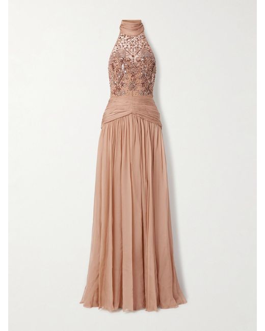 Zuhair Murad Natural Embellished Tulle And Gathered Silk-Chiffon Gown