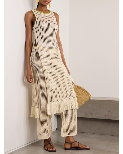 Escvdo Natural Atuq Fringed Open-Knit Cotton Midi Dress