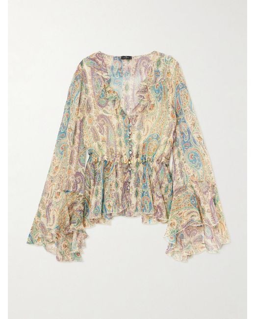 Etro Natural Ruffled Paisley-Print Silk-Chiffon Peplum Blouse